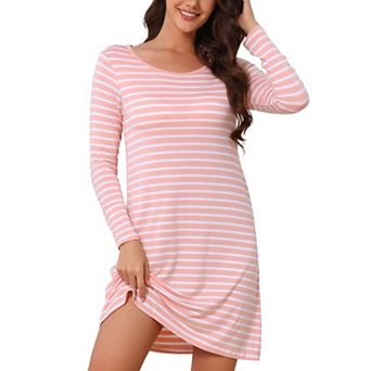 Nightgowns for Women Long Sleeve Striped Crew Neck Midi Sleepwear with Bra Pads Comfy Nightdress