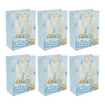 6 pc Birthday Window Gift Bag with Cartoon Design for Kids' Parties and Birthdays 7.7"Lx3.7"Wx9.6"H