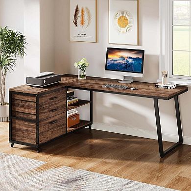 Tribesigns Industrial L-Shaped Wood Computer Desk with Drawers