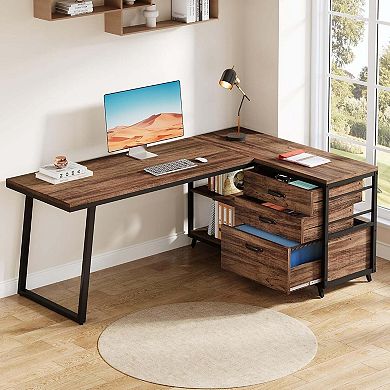 Tribesigns Industrial L-Shaped Wood Computer Desk with Drawers