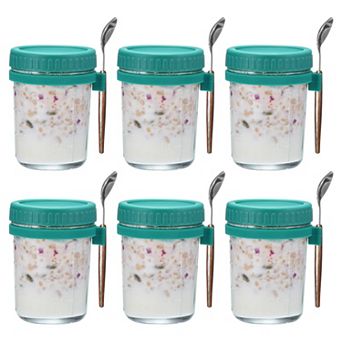 6 pc Glass Overnight Oats Containers with Lids, Jars with Spoons & Measurement Marks