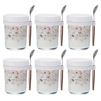 6 pc Glass Overnight Oats Containers with Lids, Jars with Spoons & Measurement Marks