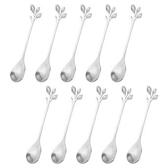 10 pc Stainless Steel Leaf Coffee Spoons, Small Dessert Tableware for Stirring Mixing Ice Tea