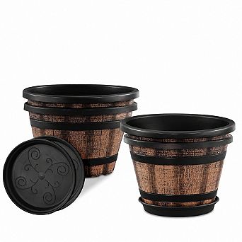 3 Pack 10 Inch Plastic Whiskey Barrel Planters with Drainage Holes and Saucers Brown