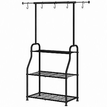 3 tier Metal Plant Stand with Hanging Rod, Tall Indoor Outdoor Flower Shelf, Black