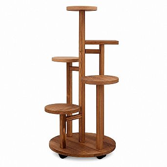 5 tier Wooden Plant Stand with Wheels, Corner Flower Shelf, Walnut Finish