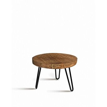 Wood and Metal Plant Stand Stool, Mid Century Indoor Outdoor Pot Display Base, Medium, Dark Brown