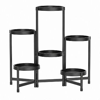 6 tier Folding Corner Plant Stand with Trays, Black Metal Display Rack for Indoor and Outdoor Use
