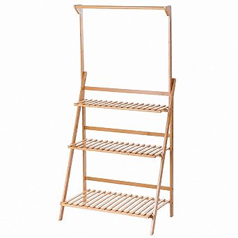 3 tier Bamboo Hanging Plant Stand, Folding Indoor Outdoor Display Shelf with Rod