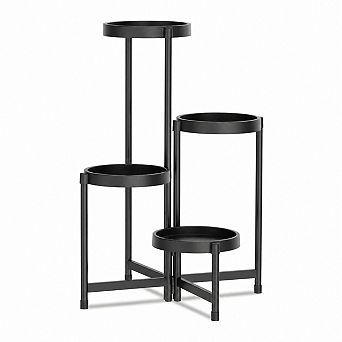 Foldable Four-Tier Corner Plant Stand with Plastic Trays, Black, Indoor Outdoor