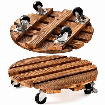 2 Pack 12 Inch Rolling Wood Plant Caddy with Lockable Wheels, Round Heavy Duty Plant Dolly