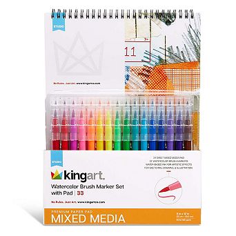 KINGART Watercolor Brush Markers Art Set with Mixed Media Pad, 33 pc