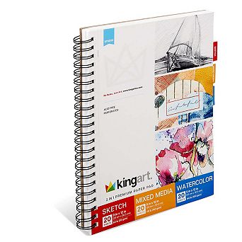KINGART Side Spiral Pad - Sketch Mixed Media Watercolor Combo - 9 x 12 - 60 Sheets