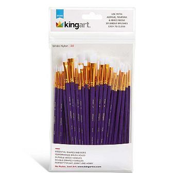 KINGART Studio White Nylon Brush Set - 30 pc Acrylic & Watercolor