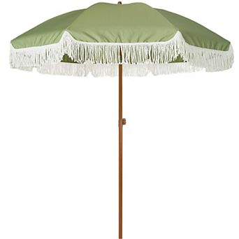 7ft Patio Umbrella with Fringe Outdoor Tassel UPF50 Plus Steel Pole Push Button Tilt