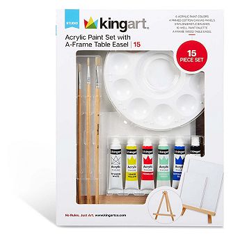 KINGART 15 pc Acrylic Paint Set with Tabletop Easel and Canvas Panels