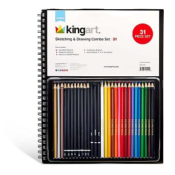 KINGART Sketch & Draw Combo Hardcover Sketchbook and 30 pc Pencil Set