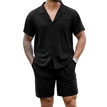 Men 2 pc Cotton Short Sleeve Pajama Set Button Down Loungewear With Pockets