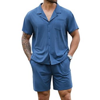 Men 2 pc Cotton Short Sleeve Pajama Set Button Down Loungewear With Pockets