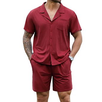 Men 2 pc Cotton Short Sleeve Pajama Set Button Down Loungewear With Pockets