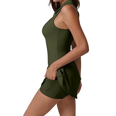Womens Zip Front Tennis Golf Dress Built In Shorts With Pockets