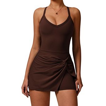 Womens Tennis Golf Athletic Dress With Built In Bra Shorts Twist Front V Neck