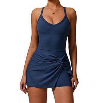 Womens Tennis Golf Athletic Dress With Built In Bra Shorts Twist Front V Neck