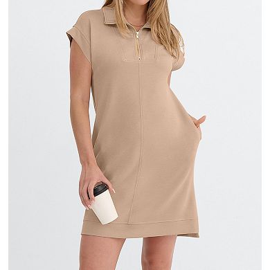 Womens Wrinkle Free Half Zip Cap Sleeve Casual Summer Mini Dress