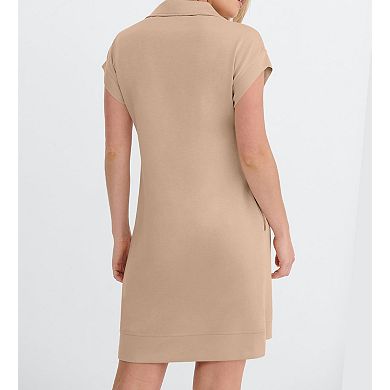 Womens Wrinkle Free Half Zip Cap Sleeve Casual Summer Mini Dress