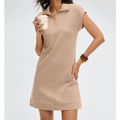 Womens Wrinkle Free Half Zip Cap Sleeve Casual Summer Mini Dress