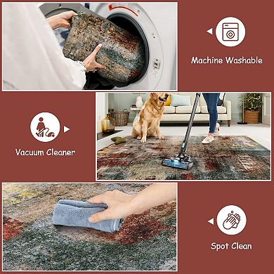 3x5 Ft Red Multi color Wool-like Rug Washable Non Slip Stain Resistant