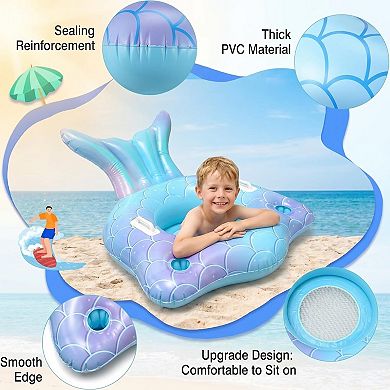 Mermaid Pool Float Tail Lounge Raft Cup Holders Mesh Bottom Handles