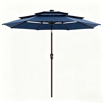 Patio Umbrella 3 tier 10 ft Solar LED Vented Canopy Push Tilt 8 Reinforced Ribs UV Waterproof Shade