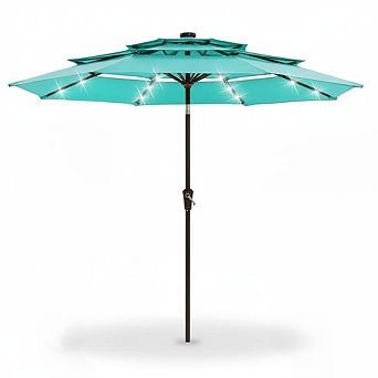 Patio Umbrella 3 tier 10 ft Solar LED Vented Canopy Push Tilt 8 Reinforced Ribs UV Waterproof Shade