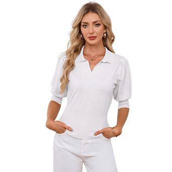 Women Puff Half Sleeve Sweater Business Collared Knit Shirt