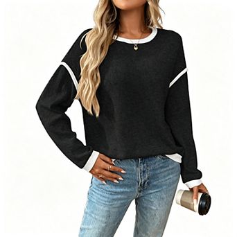 Women Pullover Long Sleeve Sweater Color Block Sweatshirt