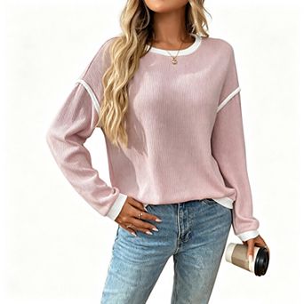 Women Pullover Long Sleeve Sweater Color Block Sweatshirt