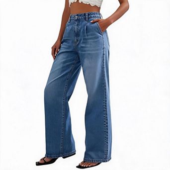 Women High Waist Wide Leg Jeans Front Pleated Relaxed Casual Denim Trousers With Pockets