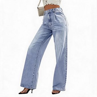 Women High Waist Wide Leg Jeans Front Pleated Relaxed Casual Denim Trousers With Pockets