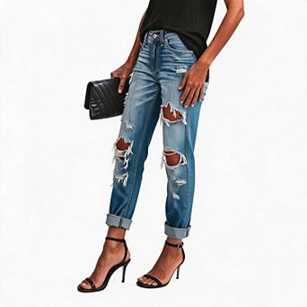 Women's Mid Rise Distressed Ripped Cuffed Hem Boyfriend Denim Jeans