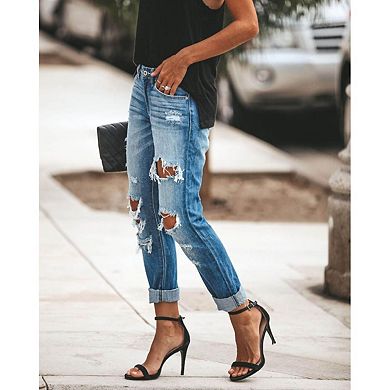 Women's Mid Rise Distressed Ripped Cuffed Hem Boyfriend Denim Jeans
