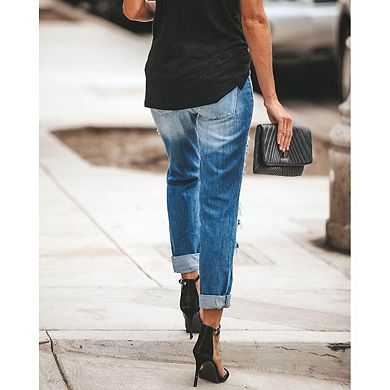 Women's Mid Rise Distressed Ripped Cuffed Hem Boyfriend Denim Jeans