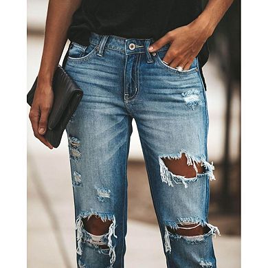 Women's Mid Rise Distressed Ripped Cuffed Hem Boyfriend Denim Jeans