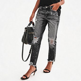 Women's Mid Rise Distressed Ripped Frayed Raw Hem Straight Ankle Denim Jeans