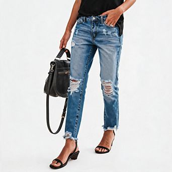 Women's Mid Rise Distressed Ripped Frayed Raw Hem Straight Ankle Denim Jeans