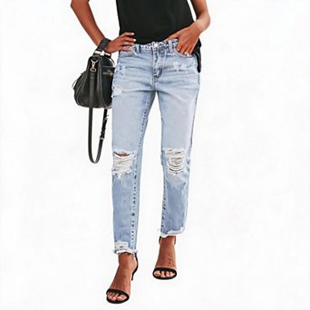 Women's Mid Rise Distressed Ripped Frayed Raw Hem Straight Ankle Denim Jeans