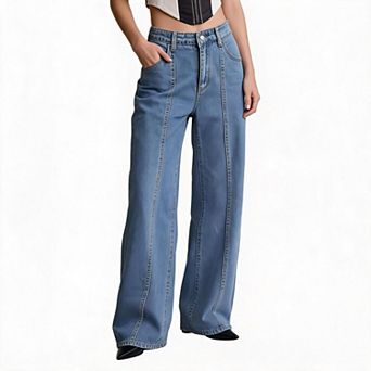 Women High Waist Straight Leg Jeans Vintage Washed Denim Trousers