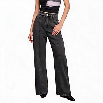 Women High Waist Straight Leg Jeans Vintage Washed Denim Trousers
