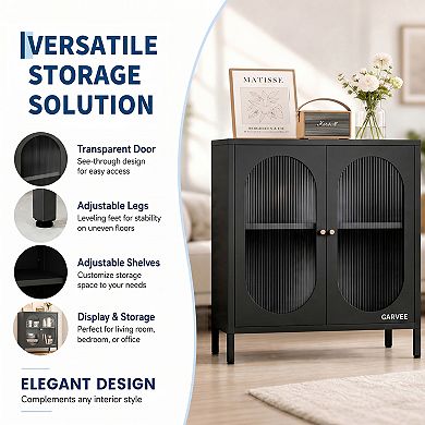 Modern Carbon Steel Entryway Storage Cabinet with Glass Doors, Adjustable Shelf, 26.8"W
