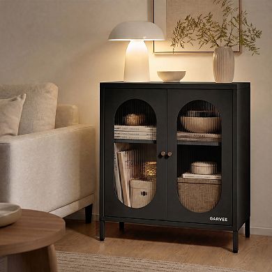 Modern Carbon Steel Entryway Storage Cabinet with Glass Doors, Adjustable Shelf, 26.8"W